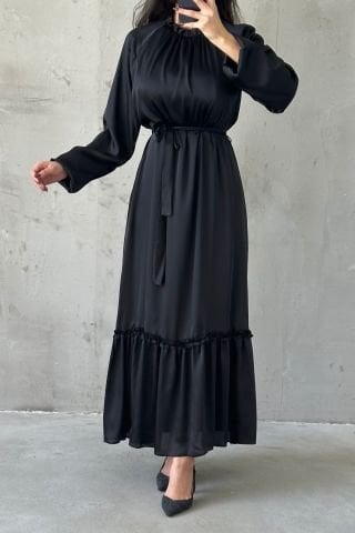 İnce Kemer Ve Fırfır Etek Saten Tesettür Abiye Siyah