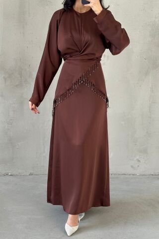 Elinor Saten Tesettür Abiye Kahverengi