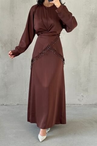 Elinor Saten Tesettür Abiye Kahverengi