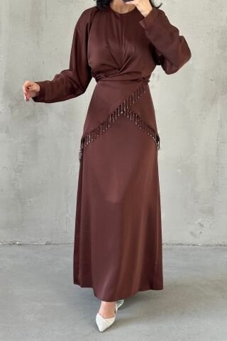 Elinor Saten Tesettür Abiye Kahverengi