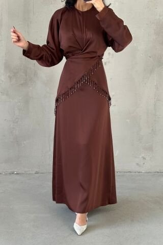 Elinor Saten Tesettür Abiye Kahverengi