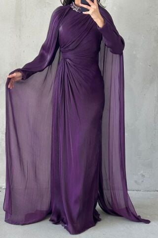 Kolları Pelerinli Yakası Taşlı Janjan Tesettür Abiye Mor