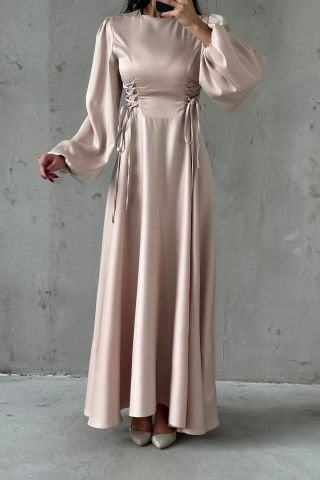 Belden Bağlamalı Balon Kol Saten Tesettür Abiye Taş