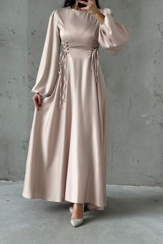 Belden Bağlamalı Balon Kol Saten Tesettür Abiye Taş