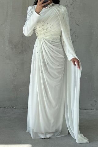 Elegant Design Tulle Hijab Evening Dress with Stone Embellished Ecru