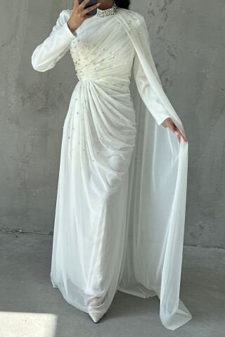 Taş Süslemeli Şık Tasarom Tül Tesettür Abiye Ekru