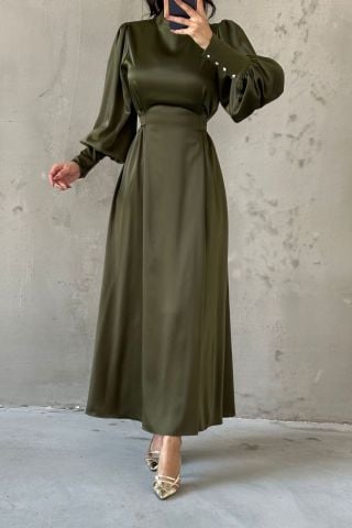 Balon Kol İnci Detaylı Saten Tesettür Abiye Haki