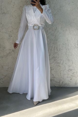 Kemer Ve Taş Detaylı Saten Tesettür Abiye Ekru