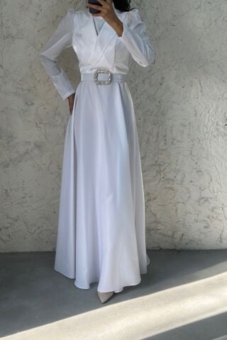 Belt and Stone Detailed Satin Hijab Evening Dress Ecru
