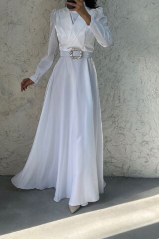 Belt and Stone Detailed Satin Hijab Evening Dress Ecru