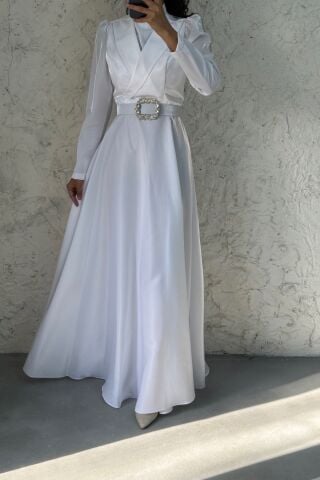 Kemer Ve Taş Detaylı Saten Tesettür Abiye Ekru