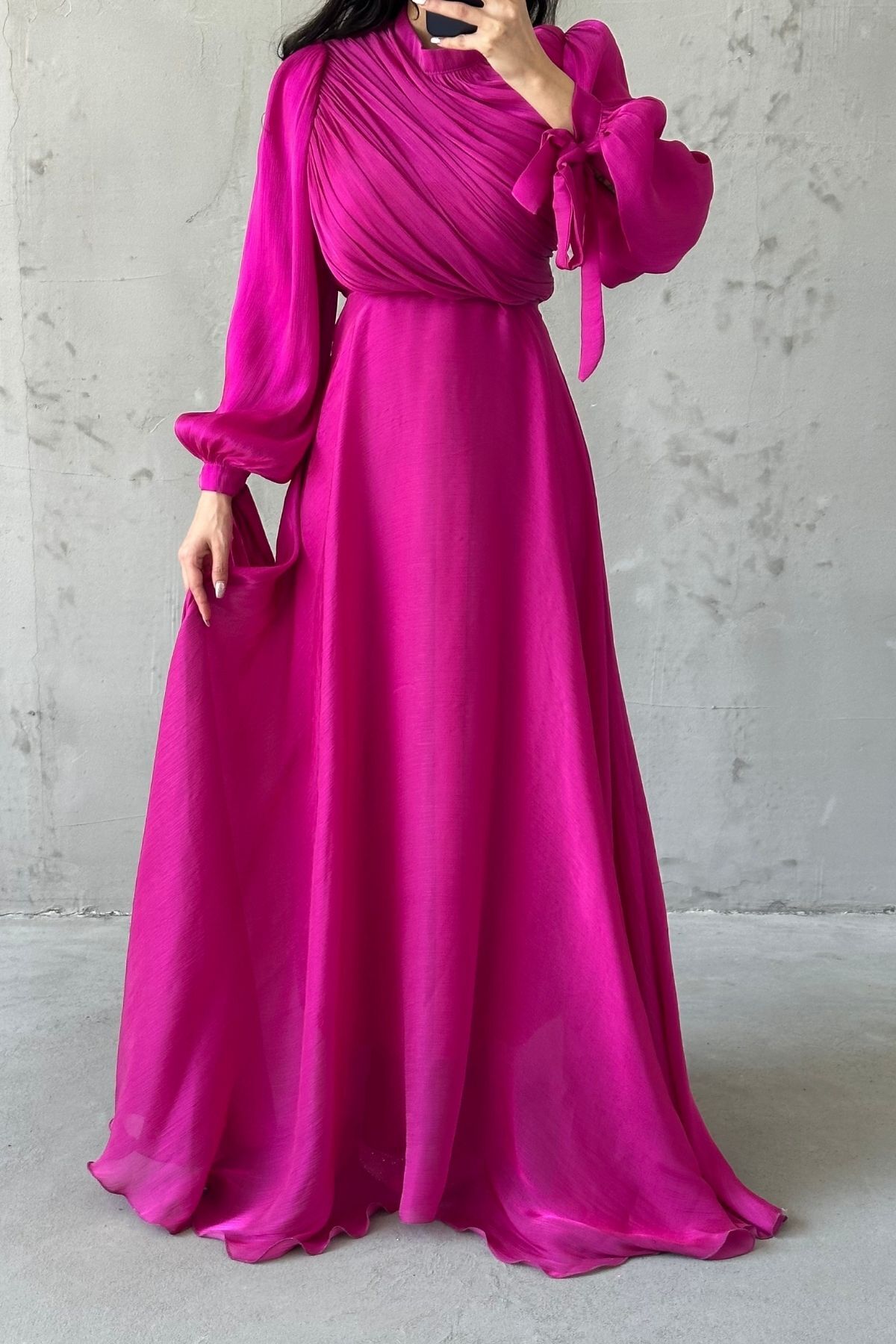 Draped Belt Detailed Janjan Fabric Hijab Evening Dress Fuchsia
