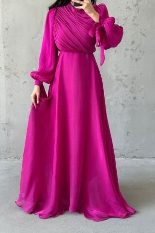 Draped Belt Detailed Janjan Fabric Hijab Evening Dress Fuchsia