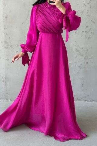 Drapeli Kuşak Detaylı Janjan Kumaş Tesettür Abiye Fuşya