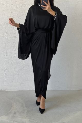 Eşsiz Tasarım Yarasa Model Saten Tesetür Abiye Siyah
