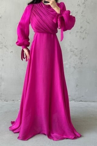 Drapeli Kuşak Detaylı Janjan Kumaş Tesettür Abiye Fuşya