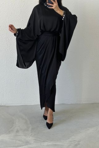 Eşsiz Tasarım Yarasa Model Saten Tesetür Abiye Siyah