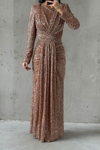 Modern Design Pleated Hijab Evening Dress Copper