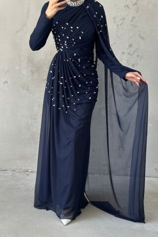 Taş Süslemeli Şık Tasarom Tül Tesettür Abiye Lacivert