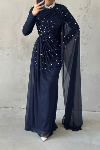 Elegant Tasarom Tulle Hijab Evening Dress with Stone Decorations, Navy Blue