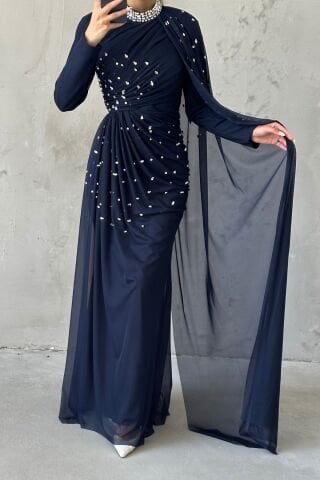 Elegant Tasarom Tulle Hijab Evening Dress with Stone Decorations, Navy Blue