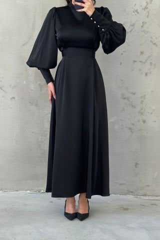 Balloon Sleeve Pearl Detailed Satin Hijab Evening Dress Black