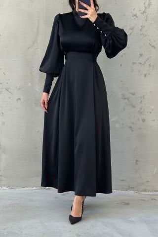 Balloon Sleeve Pearl Detailed Satin Hijab Evening Dress Black