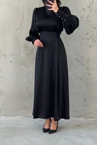 Balloon Sleeve Pearl Detailed Satin Hijab Evening Dress Black