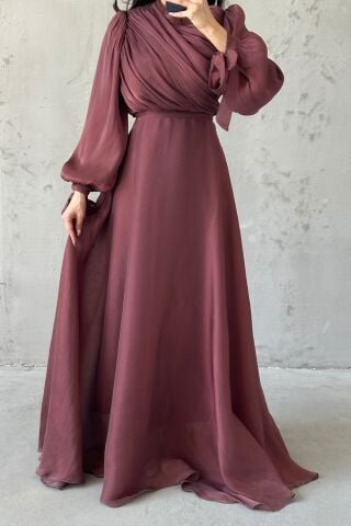 Draped Belt Detailed Janjan Fabric Hijab Evening Dress Brown