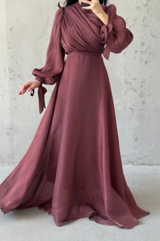 Draped Belt Detailed Janjan Fabric Hijab Evening Dress Brown