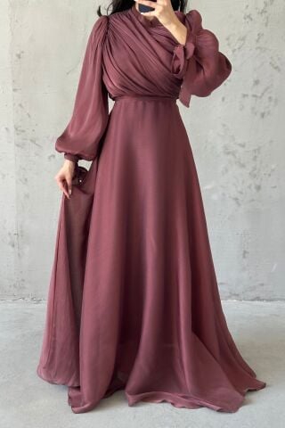 Draped Belt Detailed Janjan Fabric Hijab Evening Dress Brown