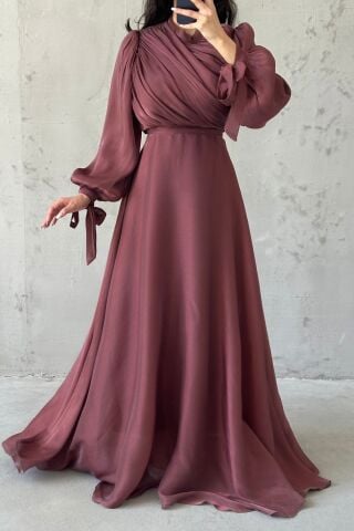 Draped Belt Detailed Janjan Fabric Hijab Evening Dress Brown
