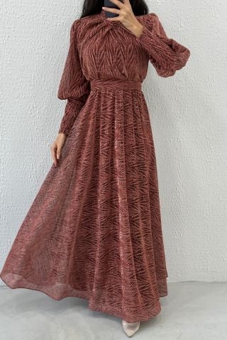 Patterned Glitter Detailed Tulle Hijab Evening Dress Powder