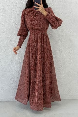 Patterned Glitter Detailed Tulle Hijab Evening Dress Powder
