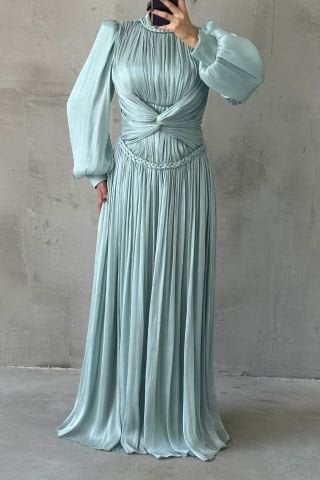 Büzgü ve Örgü Detaylı Janjan Tesettür Abiye Mint Yeşili