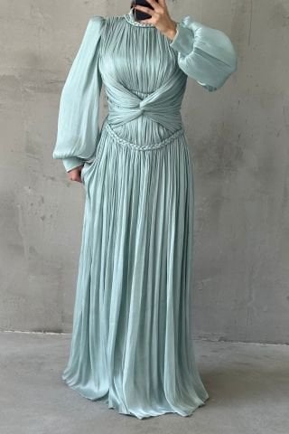 Büzgü ve Örgü Detaylı Janjan Tesettür Abiye Mint Yeşili