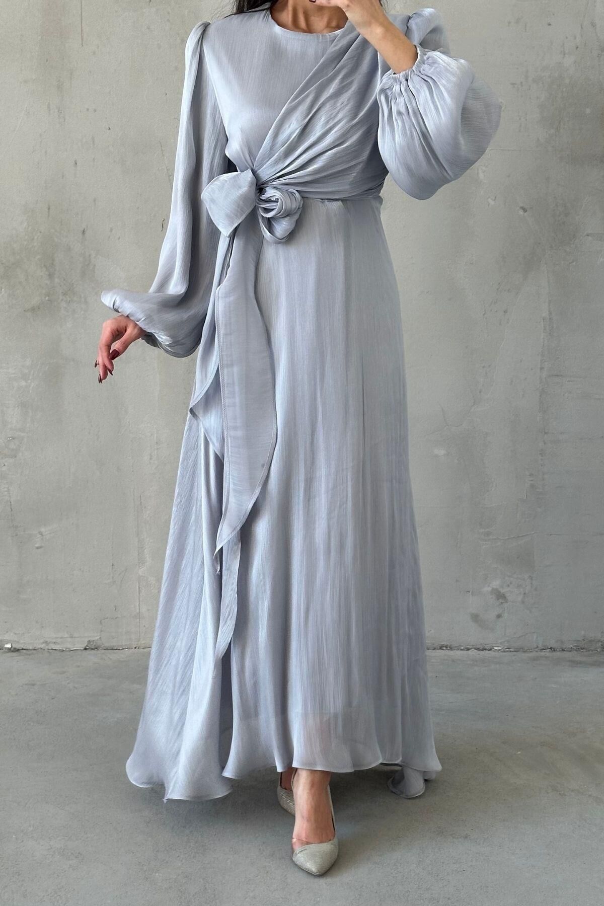 Stylish Design Basic Shiny Hijab Evening Dress Grey