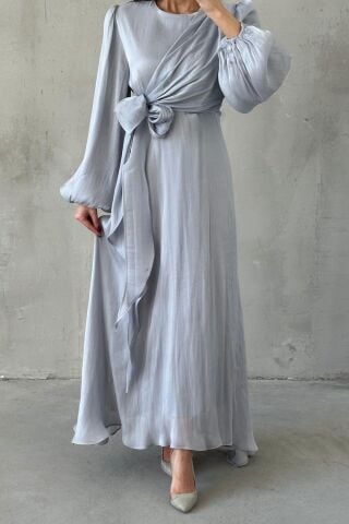 Stylish Design Basic Shiny Hijab Evening Dress Grey