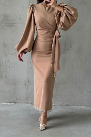 Double Krep Şık Tasarım Tesettür Abiye Bakır