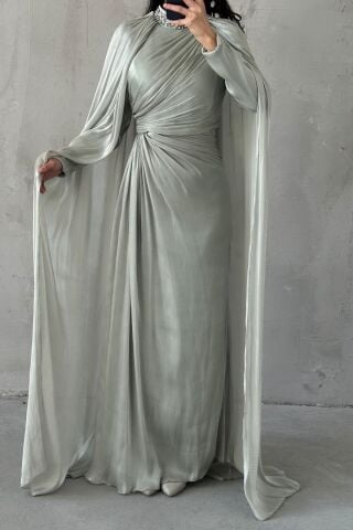 Mint Green Hijab Evening Dress with Cape Sleeves and Stoned Collar