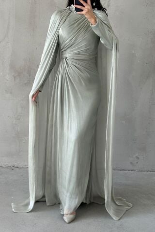 Kolları Pelerinli Yakası Taşlı Janjan Tesettür Abiye Mint Yeşili