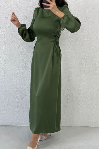 Belden Bağlama Detaylı Saten Tesettür Abiye Yağ Yeşili