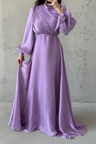 Drapeli Kuşak Detaylı Janjan Kumaş Tesettür Abiye Lila