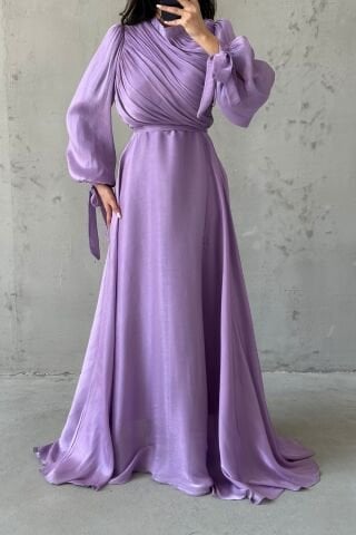 Draped Belt Detailed Janjan Fabric Hijab Evening Dress Lilac