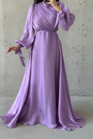Draped Belt Detailed Janjan Fabric Hijab Evening Dress Lilac