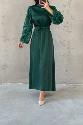 Embroidered Detailed Belted Satin Hijab Evening Dress Green