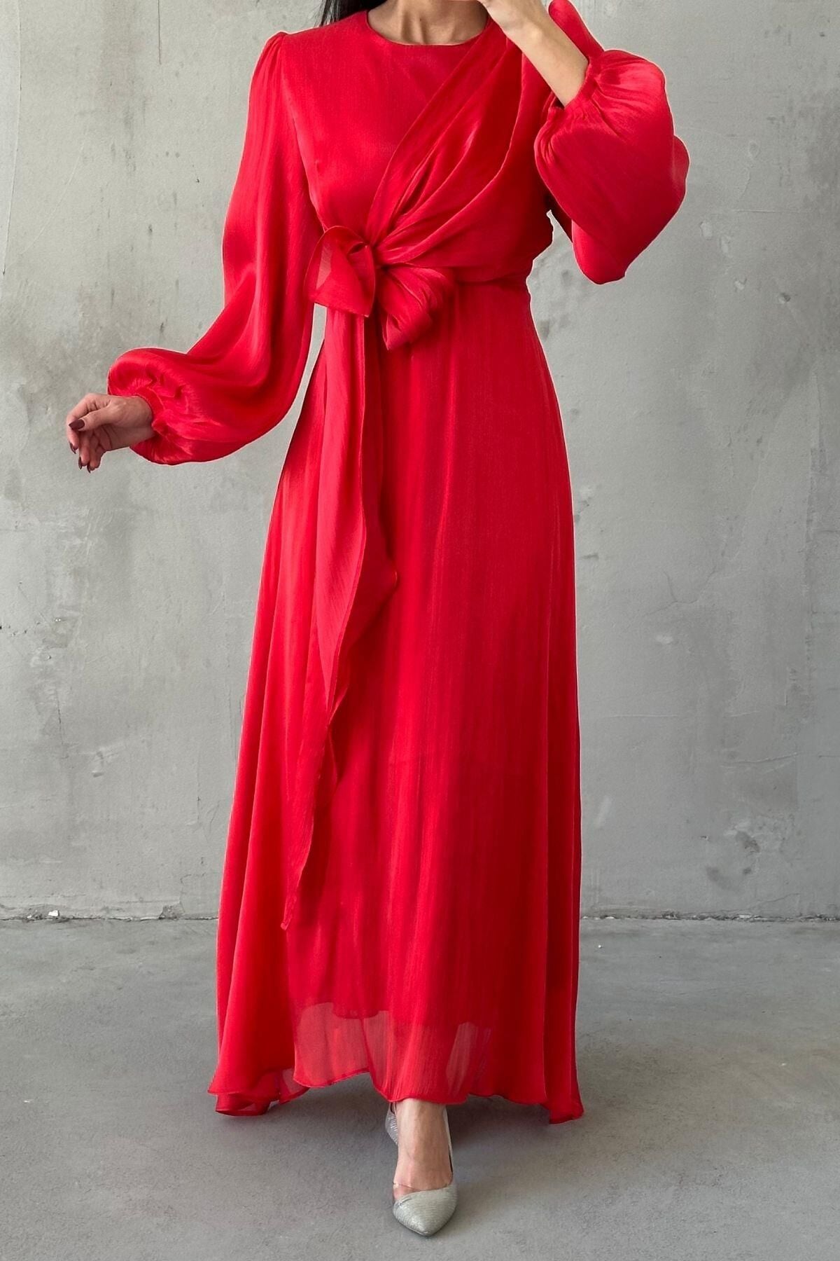 Şık Tasarım Basic Janjan Tesettür Abiye Kırmızı