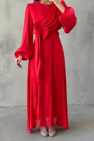 Şık Tasarım Basic Janjan Tesettür Abiye Kırmızı