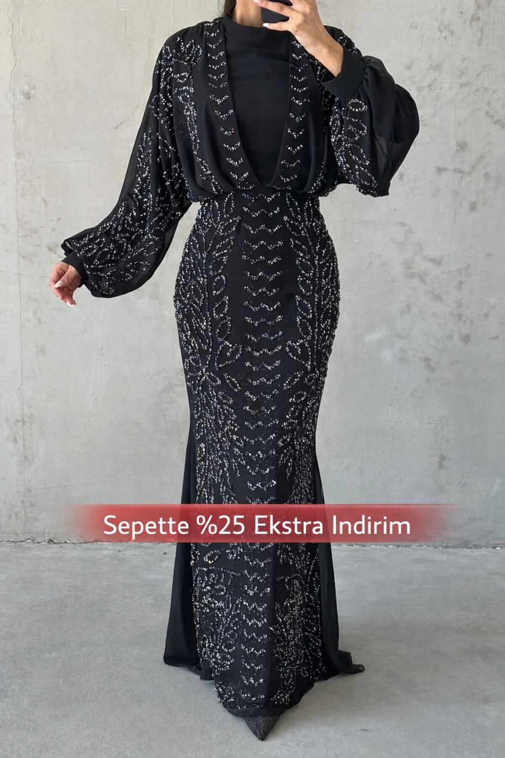 Modern Tasarım Şifon Tesettür Abiye Siyah