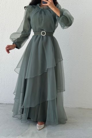 Tül Kat Kat Tesettür Abiye Mint Yeşili